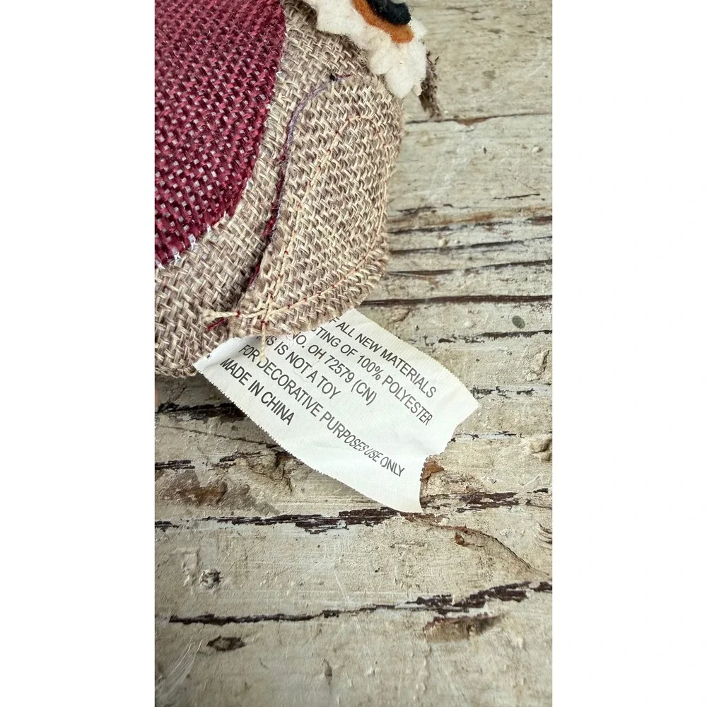 Rustic Burlap Owl Ornament Burgundy Tan Farmhouse Woodland Decor 4in